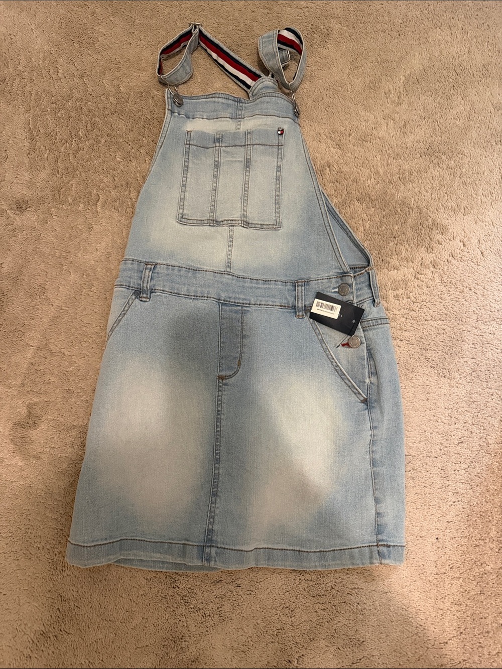 Tommy Hilfiger Light Blue Denim Overall Dress with Red-White-Blue Straps